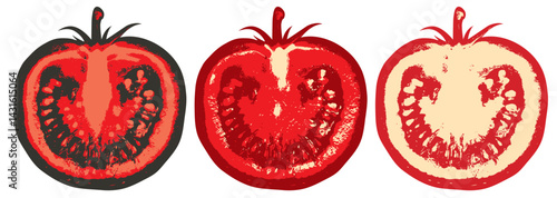 Hand drawn vector illustration of tomato halves. Suitable for designing tomato soup labels, juice, price tags and stickers. No AI used