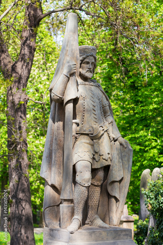 Obraz na płótnie Historic Statue on the spring mystery old Prague Cemetery, Czech Republic w salonie