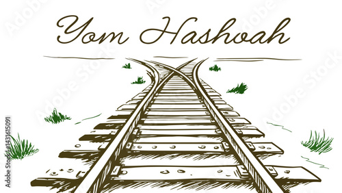 Yom Hashoah banner with railway tracks in a sketch style with greenery and text on white background