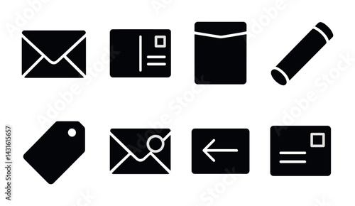 Postal and mailing solid icon set – flat style communication and delivery symbols: envelope, postcard, package, scroll, tag, sealed envelope, arrow, address