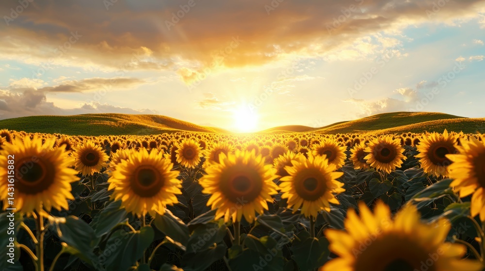 Obraz premium Sunflower fields at sunrise rural landscape nature photography calm environment vibrant viewpoint beauty of nature