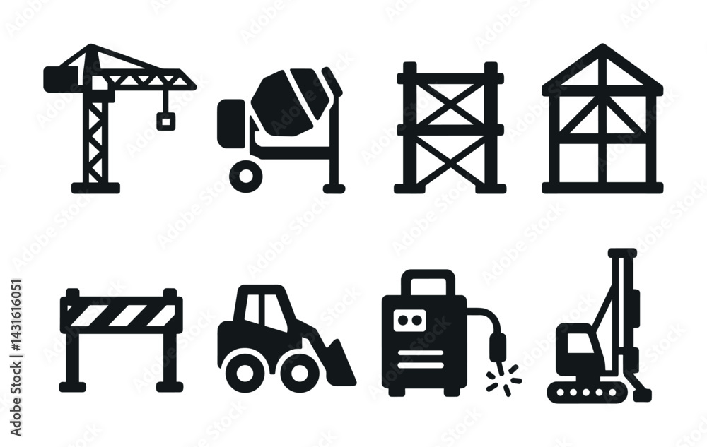 Naklejka premium Construction equipment icons set - solid style building, engineering, and architecture symbols for industry projects: crane, cement mixer, scaffolding, barriers, welder, bulldozer, drill