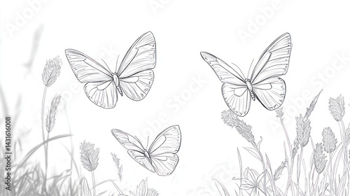 Wallpaper Mural Three butterflies flying over meadow, nature sketch, design element Torontodigital.ca