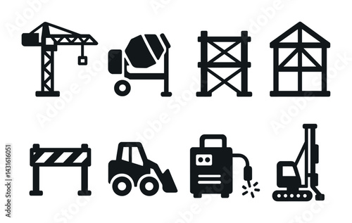 Construction equipment icons set - solid style building, engineering, and architecture symbols for industry projects: crane, cement mixer, scaffolding, barriers, welder, bulldozer, drill