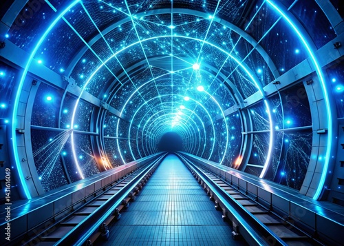 Futuristic Blue Digital Tunnel: Glowing Network Lines & Dynamic Light Effects Stock Photo