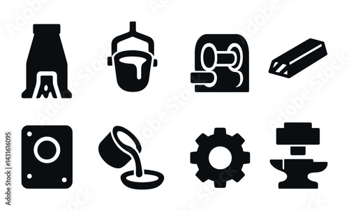 Industrial manufacturing silhouette icons set – solid style factory, metallurgy, and production symbols for industry needs: foundry, crucible, steel, gear, anvil, forge