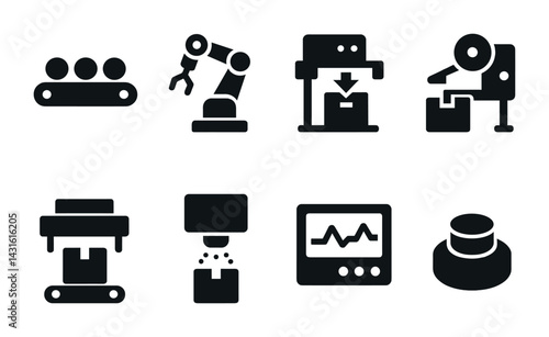 Industrial automation filled icons set – solid style robotics, manufacturing, and machinery symbols for factory design: conveyor, robot arm, 3d printer, packaging, control panel, sensor.
