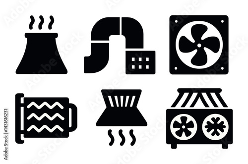 Industrial hvac and cooling solid icons set - filled style for utilities, engineering, and infrastructure: cooling tower, vent, fan, heat exchanger, duct, air conditioner