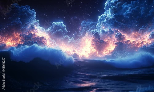 Wallpaper Mural Stunning cosmic ocean scene at night with vibrant clouds and waves under a starry sky Torontodigital.ca