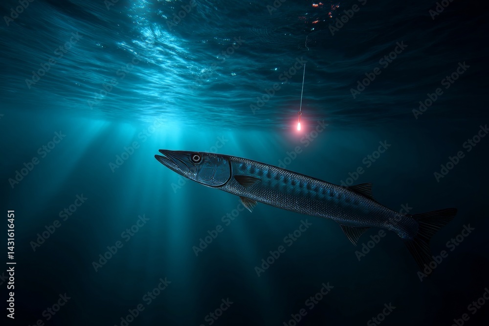 Great barracuda approaching fishing hook in deep blue ocean Great barracuda approaching fishing hook in deep blue ocean