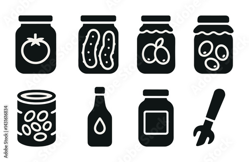 Pantry and preserves solid icons set – silhouette style kitchen, storage, and homemade symbols for culinary organization: tomato jar, pickle jar, olive jar, sauce bottle, can, jam jar, spatula.