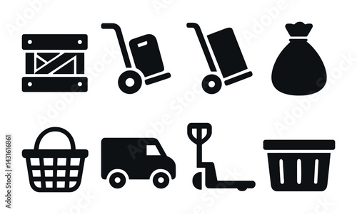 Logistics and delivery icons set – solid style package management, shipping, and transport symbols: crate, dolly, sack, basket, van, pallet jack, bin.