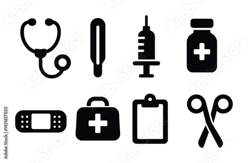 Healthcare and medical solid icons set – filled style health, wellness, and hospital symbols for medical use: stethoscope, thermometer, syringe, pill bottle, bandage, first aid kit, clipboard,