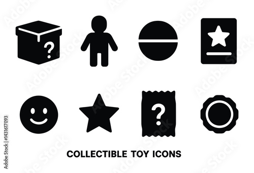 Collectible toy icons – solid style playful designs for childhood fun and collectibles enthusiasts: box, doll, ball, card, smiley, star, mystery bag, badge.