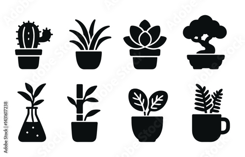 Indoor plant silhouette icons – solid style gardening, home decor, and botany symbols for interior design: cactus, succulent, bonsai, aloe, fern, bamboo, houseplant, vase.