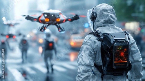An urban landscape depicting a city under strict biosecurity measures, with automated drones monitoring the empty streets and barricaded buildings during a pandemic-induced lockdown.