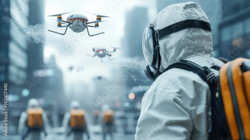 An urban landscape where a city is under a strict biosecurity lockdown, with automated drones surveilling the empty streets and buildings to enforce public health measures during a crisis.