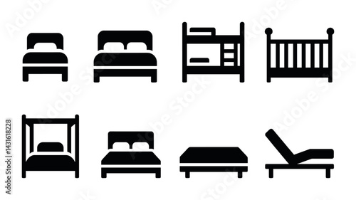 Home furniture icons set – solid style for interior design, home decor, and bedroom planning: single bed, double bed, bunk bed, crib, canopy bed, platform bed, lounge chair.