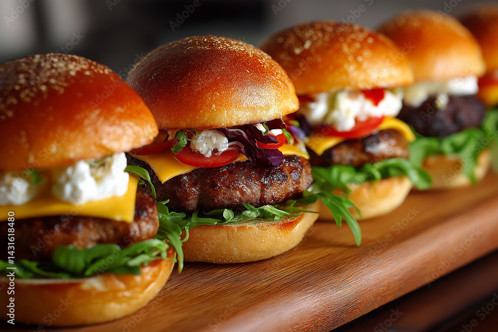 Gourmet Burger Line-Up on Wooden Table — Artisanal Burgers with Unique Fillings, Fresh Ingredients, and Golden Buns Against a Dark Background Gourmet Burger Line-Up on Wooden Table — Artisanal Burgers with Unique Fillings, Fresh Ingredients, and Golden Buns Against a Dark Background