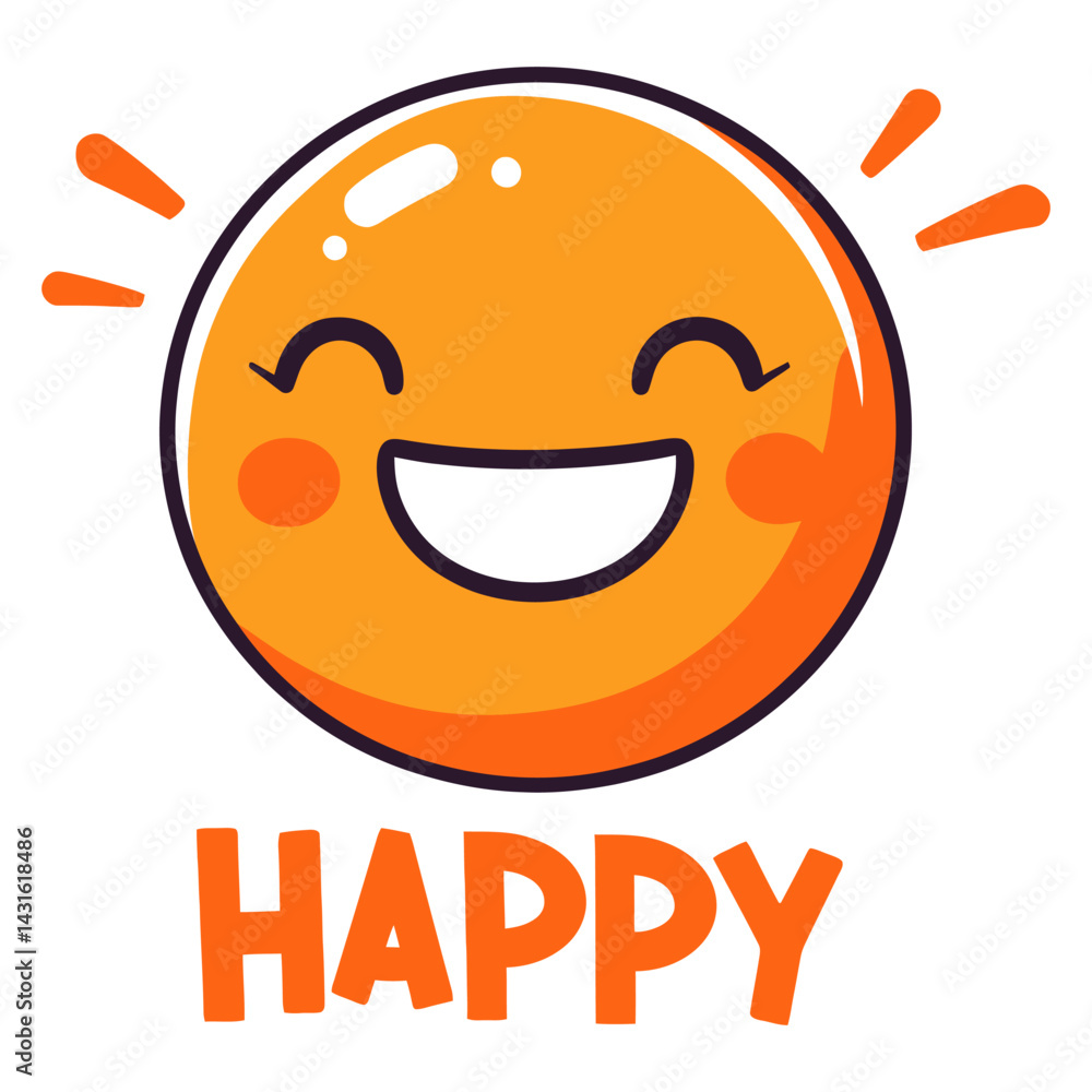 Cute happy smiley face icon in orange with joyful expression and “Happy” text Cute happy smiley face icon in orange with joyful expression and “Happy” text