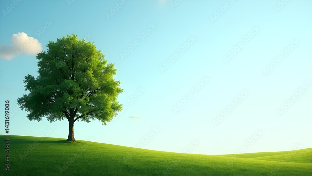 Fototapeta premium Lone Tree Standing on Green Field Under Blue Sky Simple Landscape