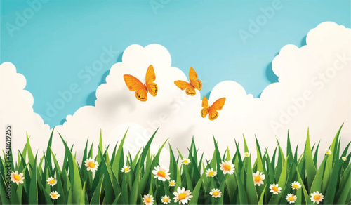 Fluttering Orange Butterflies Over a Sunny Spring Meadow spring sunny day vector design 

