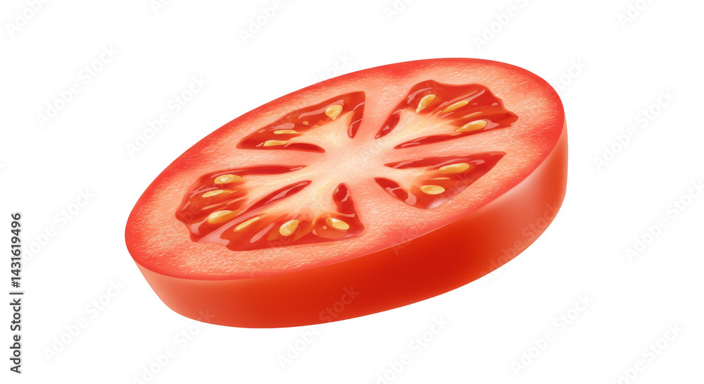 Vibrant, fresh tomato slice featuring juicy seeds inside, isolated on a solid black canvas Vibrant, fresh tomato slice featuring juicy seeds inside, isolated on a solid black canvas