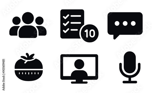 Productivity and communication solid icons set – filled style for task management and collaboration: group, checklist, message, timer, video call, microphone