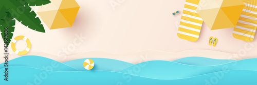Summer, travel and holiday concept. Aerial view of sunbed, flip flops, sunglasses, beach ball, yellow umbrella on sandy beach. Summertime background. Top view. Vector illustration