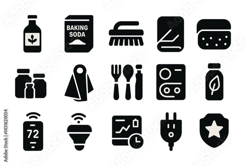 Eco-friendly household essentials icons set – solid style sustainable living, green home, and organic cleaning symbols: cleaning brush, baking soda, reusable bottle, smart thermostat, eco-friendly