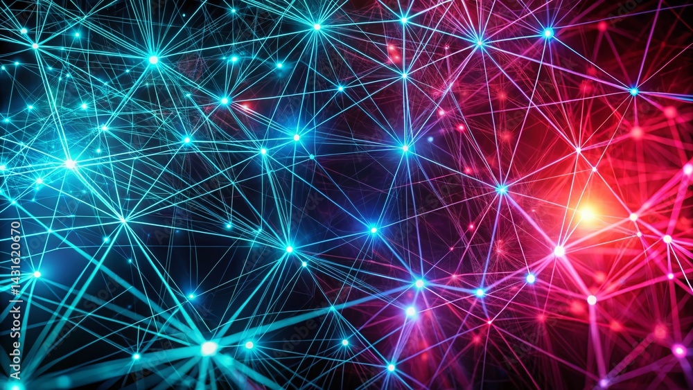 Fototapeta premium Futuristic Red Neon Network: Intertwined Magenta & Cyan Light Patterns - Technology Background