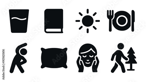 Healthy lifestyle solid icons set – filled style for wellness, fitness, and daily routine: water intake, reading, sunlight, balanced diet, exercise, relaxation, nature walk.