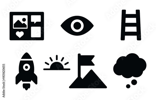 Startup innovation solid icons set – sleek symbols for visionary business and creative success: idea, goal, vision, ladder, rocket, sunset, mountain, thought bubble