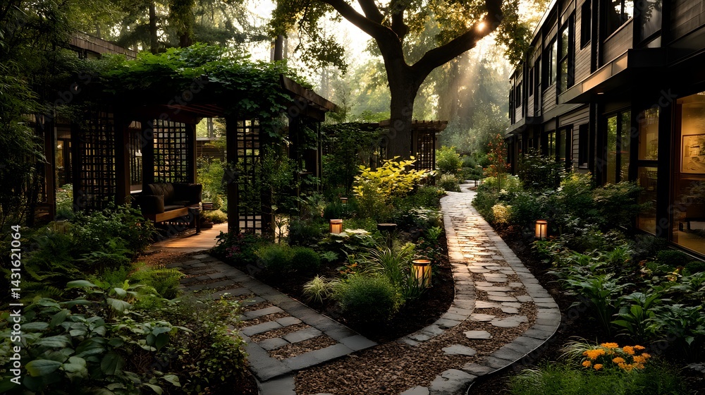 Fototapeta premium Lush Shrub Maze with Blooming Groundcover Accents – Inviting Garden Pathways for Springtime Landscape Inspiration