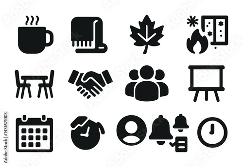Cozy living silhouette icons set – solid style home comfort and leisure symbols: coffee mug, blanket, leaf, fireplace, dining table, handshake, group, calendar
