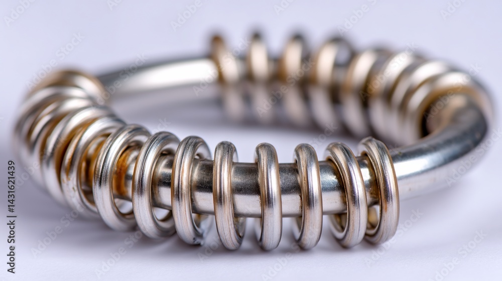 Silver coiled ring with tarnished metal loops on a plain white surface Silver coiled ring with tarnished metal loops on a plain white surface