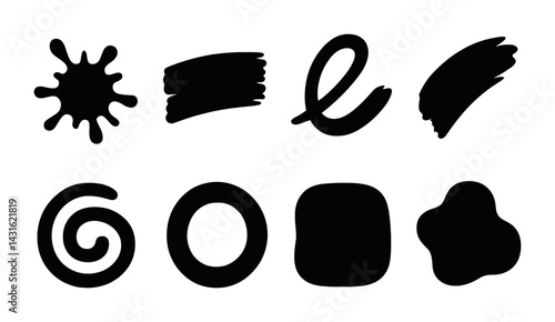 Abstract art filled icons set – silhouette style creative, modern, ink design elements: splash, brushstroke, swirl, oval, scribble, blob, shape