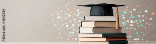 A graduation cap rests on a stack of books, symbolizing education and achievement against a soft, colorful background.
