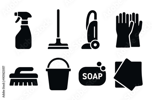 Home cleaning tools solid icons set – silhouette style housekeeping, sanitation, and tidy symbols for organization: spray bottle, mop, vacuum, gloves, brush, bucket, soap, cloth.