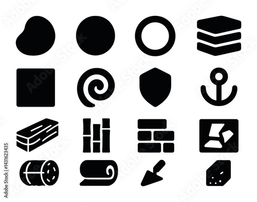 Construction and building materials silhouette icon set – solid design for architecture, renovation, and design projects: brick, cement, anchor, wood, tile, bamboo, stone.