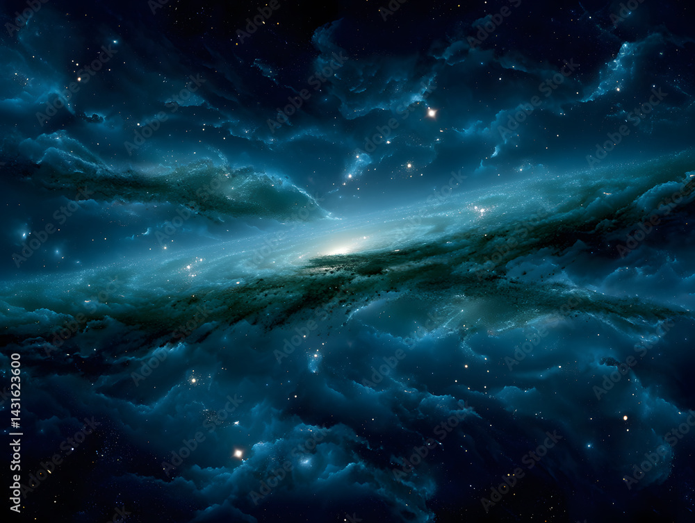 Fototapeta premium Celestial Nebula: A captivating view of a cosmic nebula, aglow with ethereal colors and embedded with distant stars. The image evokes a sense of wonder and the vastness of the universe.