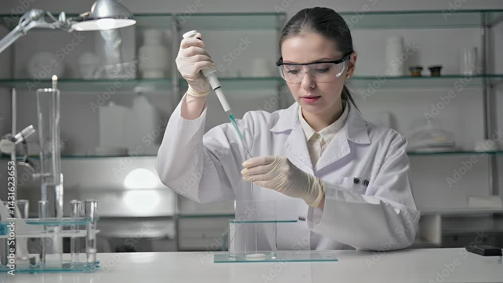 Scientist using pipette in lab.  Detailed lab work