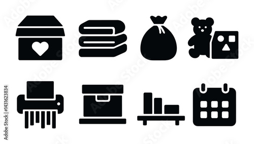 Charity and donation solid icon set – flat style volunteering, community support, and giving symbols for aid initiatives: donation box, clothing stack, bag, toy, shredder, calendar.