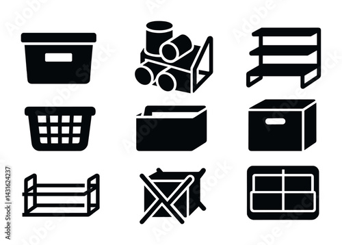 Home organization solid icons set – simple style for storage solutions and decluttering: storage box, basket, shelves, filing cabinet, drawer, organizer, container, crate.