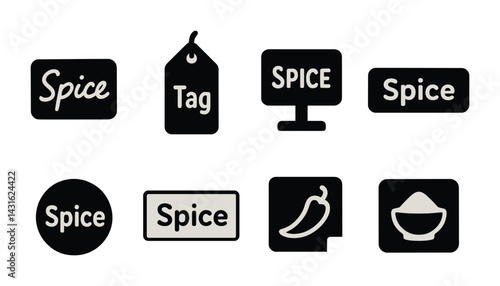 Spice and seasoning solid icons set – filled style for culinary and kitchen concepts: spice jar, chili pepper, tag, bowl, label, screen, packet.