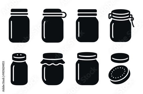 Obraz na płótnie Kitchen storage jars icon set – solid silhouette style for pantry organization and design: mason jar, airtight jar, glass jar, spice jar, pickle jar, jam jar, honey pot. w salonie