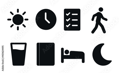 Daily routine solid icon set – minimal silhouette productivity, wellbeing, and habits symbols: sun, clock, checklist, walking person, water glass, book, bed, moon.