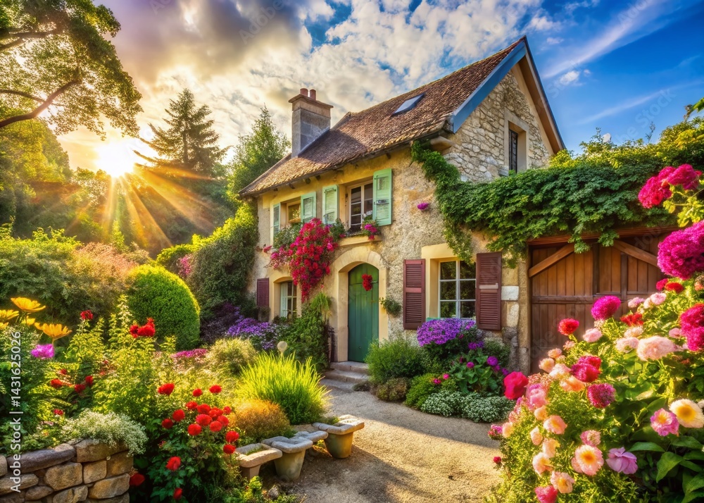 Fototapeta premium Giverny Garden House, Impressionist Style French Countryside Home, Floral Cottage, Spring Blooms, Idyllic Retreat