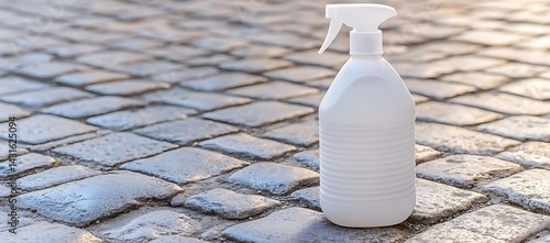 White Spray Bottle on Cobblestone Pavement in Sunlight