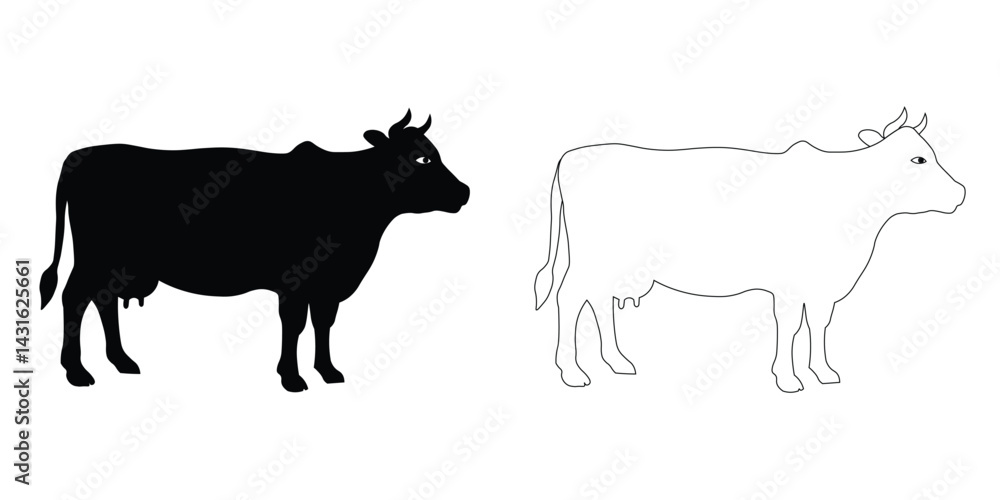 Vector illustration of a cow silhouette and its outline version side by side, perfect for educational content, farm themes, animal graphics, and black&white design projects. Best for eid mubarak card
Vector illustration of a cow silhouette and its outline version side by side, perfect for educational content, farm themes, animal graphics, and black&white design projects. Best for eid mubarak card